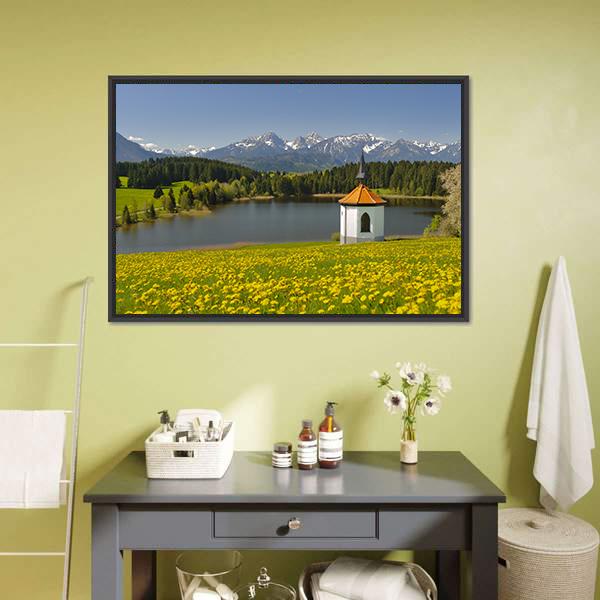 Lake &amp; Alps Mountains In Spring Canvas Wall Art-1 Piece-Floating Frame-24" x 16"-Tiaracle