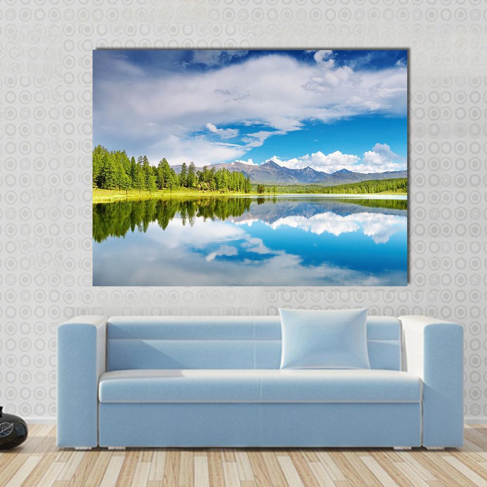 Lake Altai Mountains Canvas Wall Art in white, green and blue, single panel hung on a wall