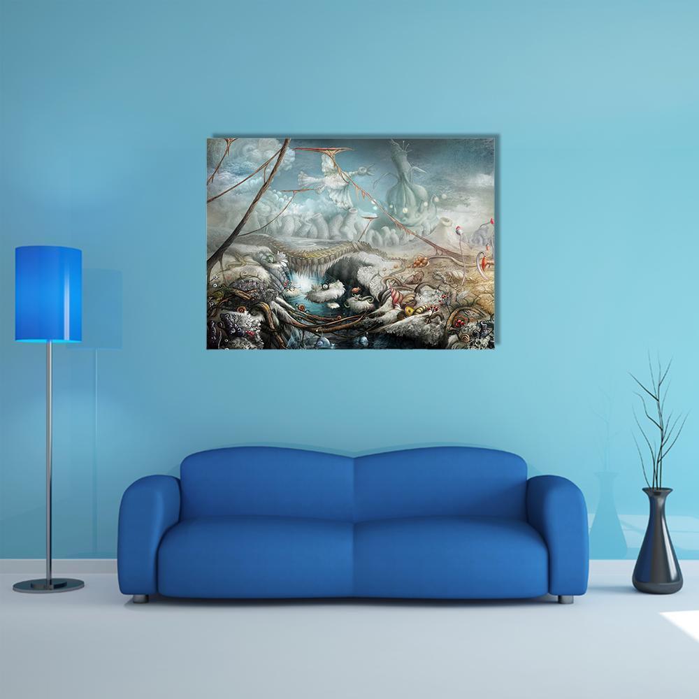 Surreal Lake with Flowers and Mythical Creatures Canvas Wall Art in gray, brown and blue, single panel hung on a wall