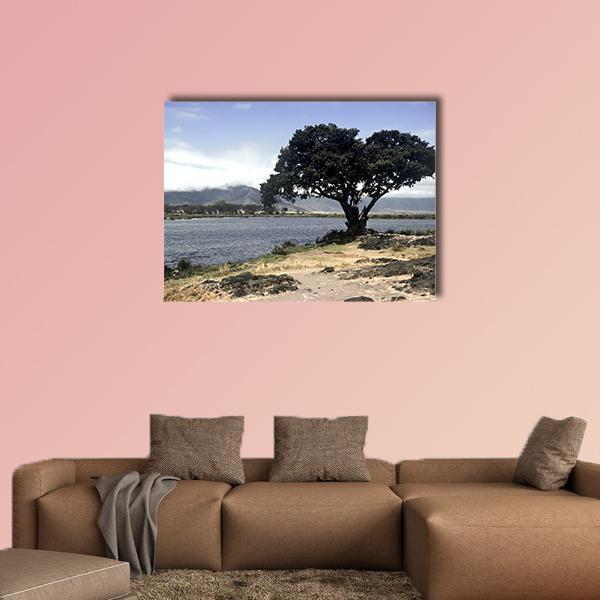 Tree on Rocky Shore with Mountains Canvas Wall Art in gray, brown and blue, single panel hung on a wall