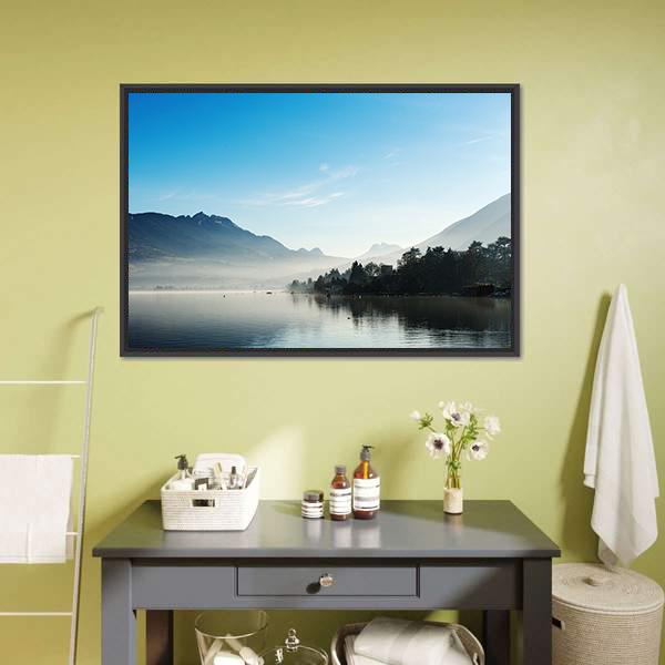 Misty Mountain Lake at Dawn Canvas Wall Art in white, gray and blue, framed canvas, product view on a white background