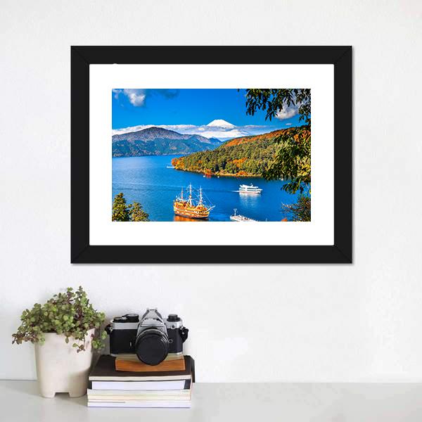 Lake Ashi & Mount Fuji Canvas Wall Art-1 Piece-Framed Print-20" x 16"-Tiaracle