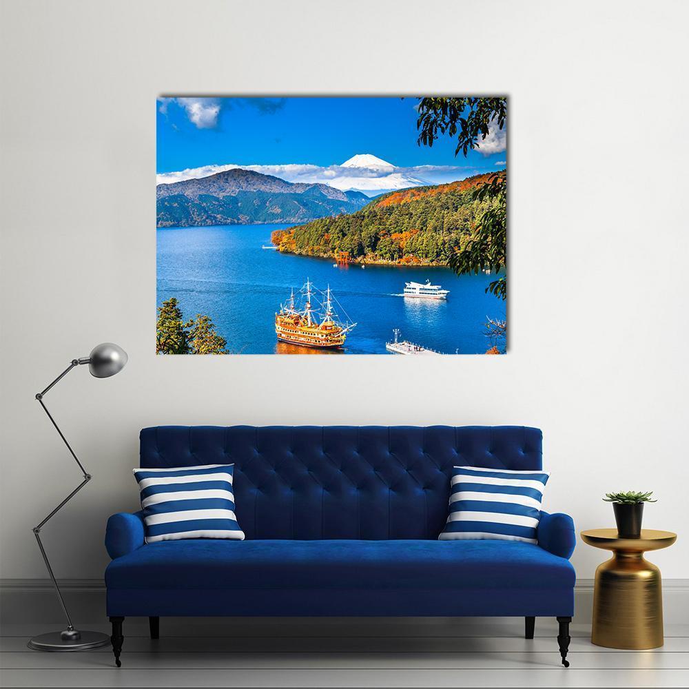 Lake Ashi and Mount Fuji Canvas Wall Art in white, green and blue, single panel hung on a wall