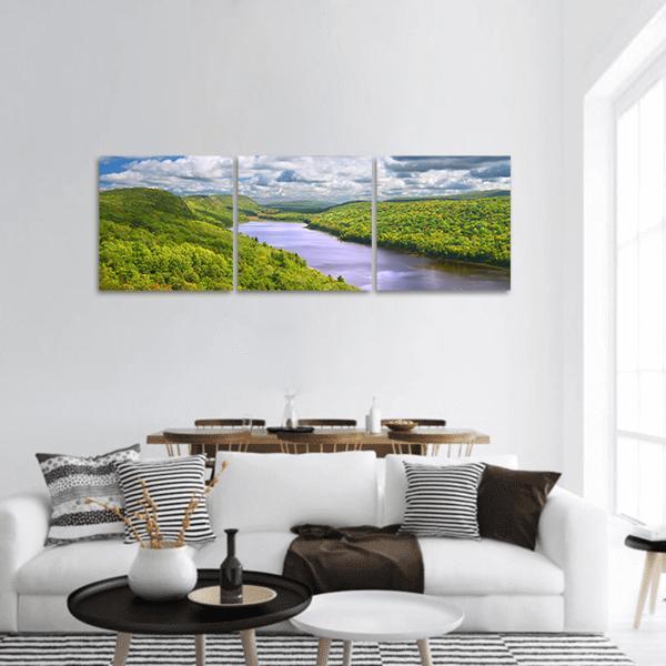 Lake of the Clouds, Michigan Panoramic Canvas Wall Art in white, green and blue, hung on a wall