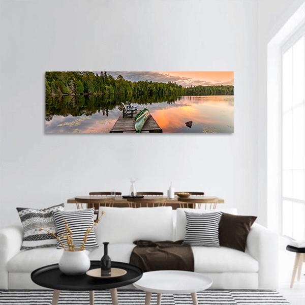 Green Canoe &amp; Chairs On Lake Panoramic Canvas Wall Art-1 Piece-36" x 12"-Tiaracle