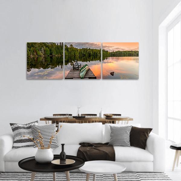 Green Canoe & Chairs On Lake Panoramic Canvas Wall Art-1 Piece-36" x 12"-Tiaracle