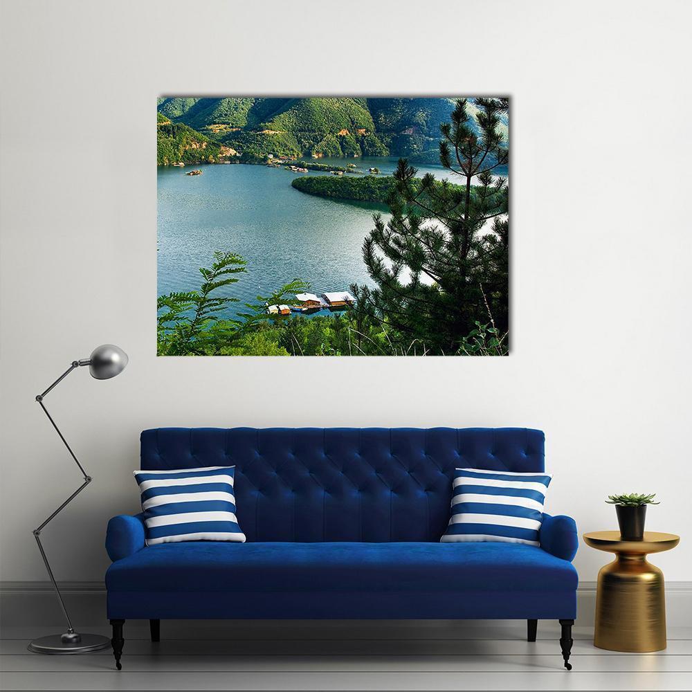 Lake at Vacha River Canvas Wall Art in green and blue, single panel hung on a wall