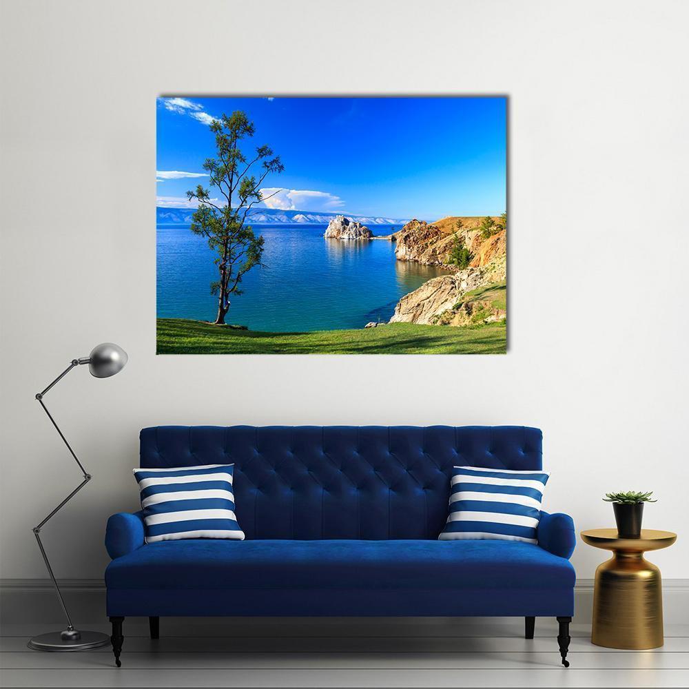 Lake Baikal Rocky Shore Landscape Canvas Wall Art in brown, green and blue, single panel hung on a wall
