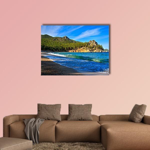 Lake Baikal Rocky Shoreline, Russia Canvas Wall Art in brown, green and blue, single panel hung on a wall
