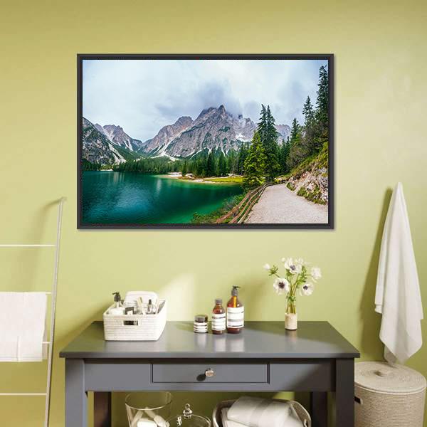 Lake Between Mountains Canvas Wall Art-1 Piece-Floating Frame-24" x 16"-Tiaracle