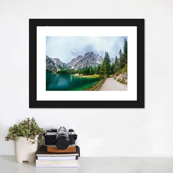 Lake Between Mountains Canvas Wall Art-1 Piece-Framed Print-20" x 16"-Tiaracle