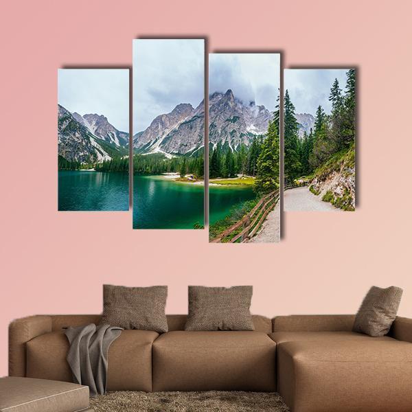 Lake Between Mountains Canvas Wall Art-4 Pop-Gallery Wrap-50" x 32"-Tiaracle