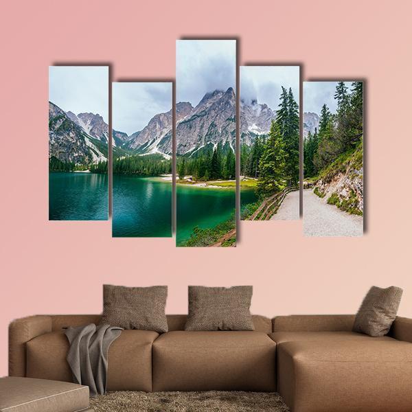 Lake Between Mountains Canvas Wall Art-5 Pop-Gallery Wrap-47" x 32"-Tiaracle
