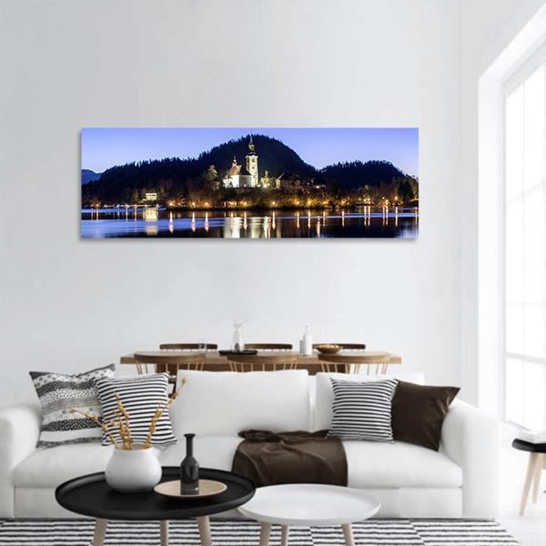Lake Bled &amp; Church Panoramic Canvas Wall Art-1 Piece-36" x 12"-Tiaracle