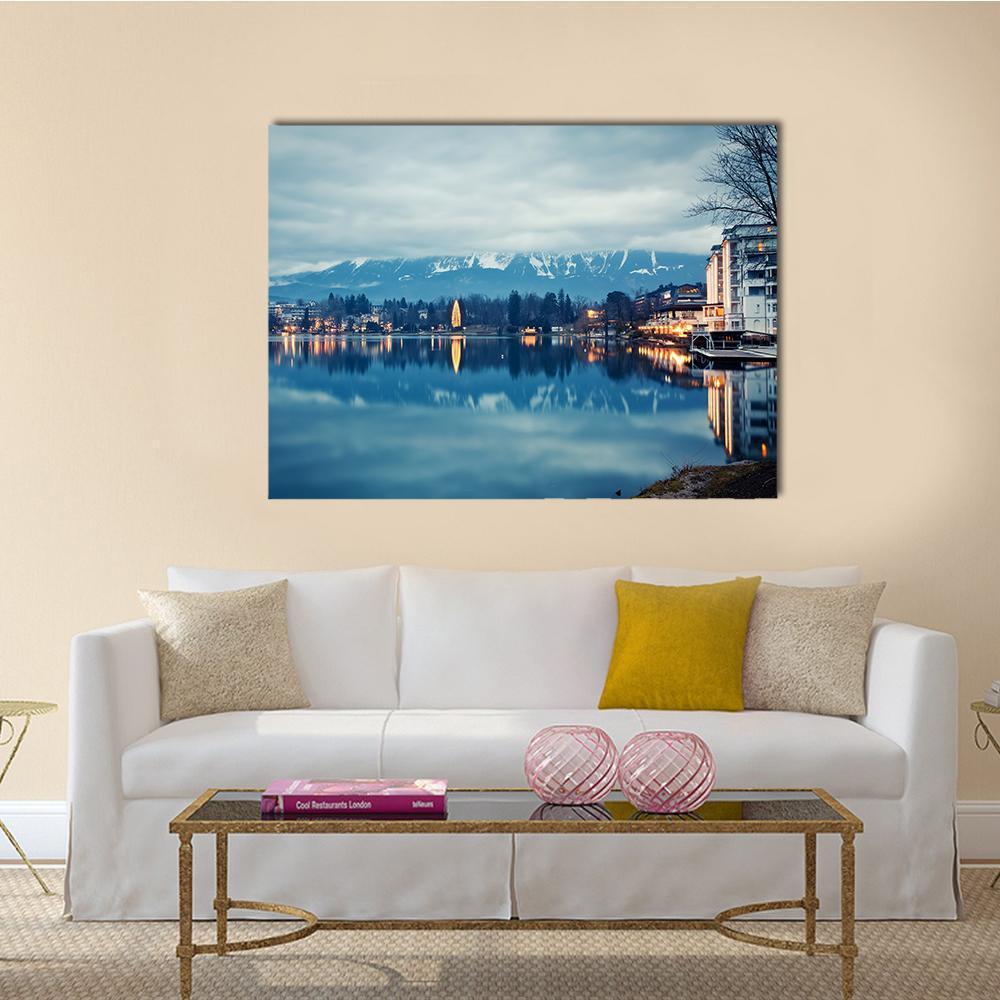 Lake Bled at Dusk Canvas Wall Art in white, gray and blue, single panel hung on a wall