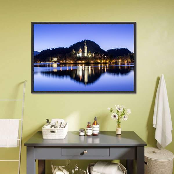 Lake Bled &amp; Church Canvas Wall Art-1 Piece-Floating Frame-24" x 16"-Tiaracle