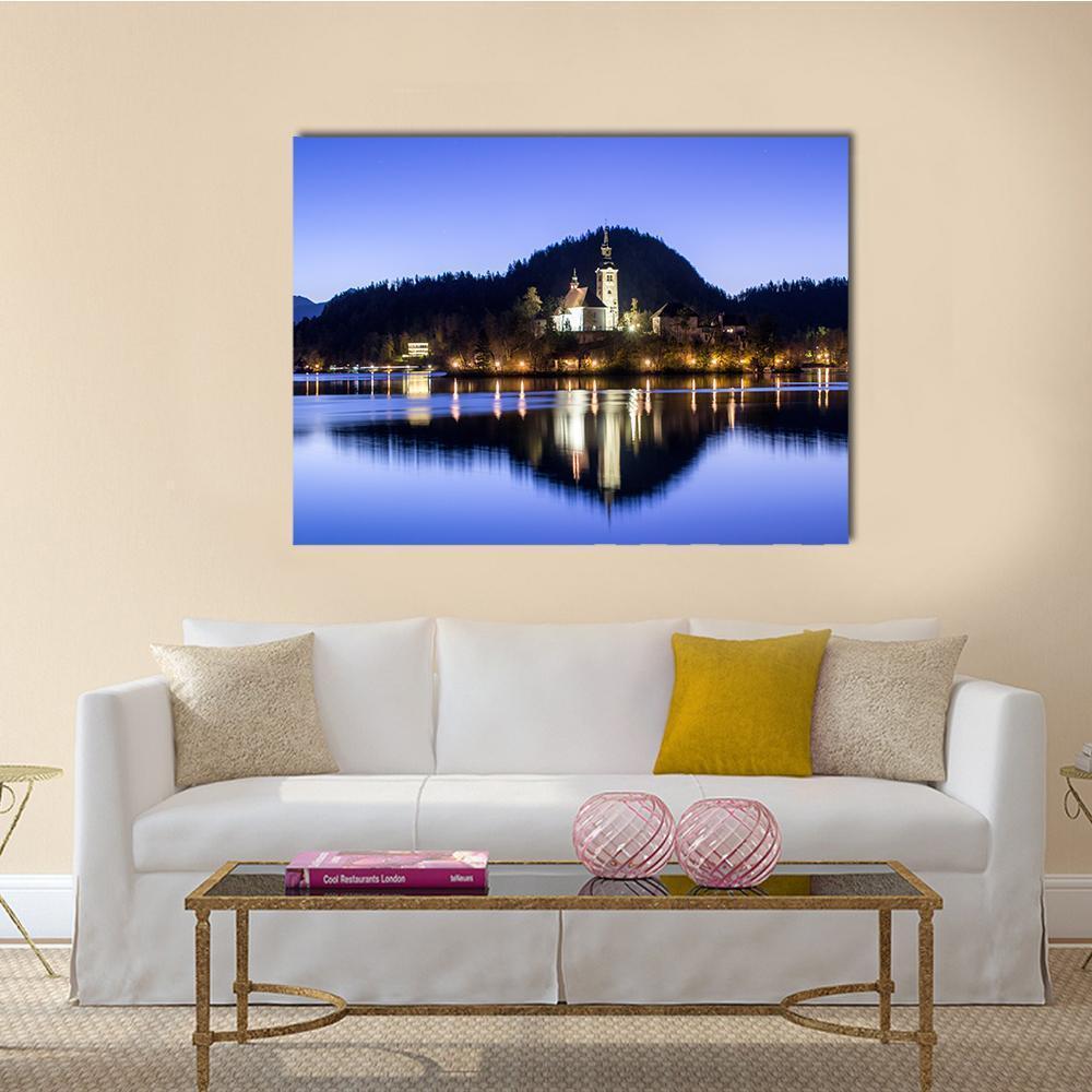 Lake Bled Island Church at Blue Hour Canvas Wall Art in black and blue, single panel hung on a wall