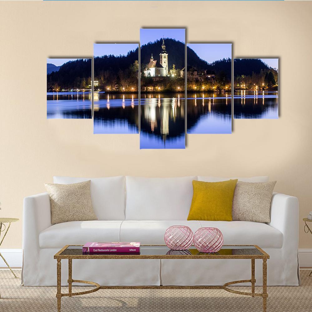 Lake Bled &amp; Church Canvas Wall Art-5 Star-Gallery Wrap-62" x 32"-Tiaracle