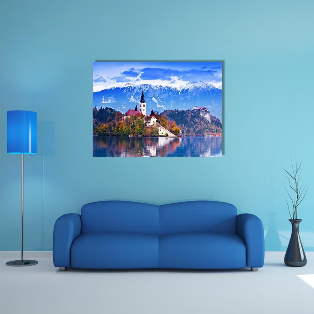 Lake Bled Island Church and Castle Canvas Wall Art in white, green and blue, single panel hung on a wall