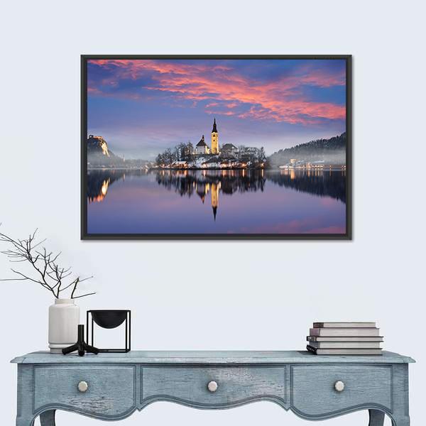 Lake Bled In Winter Canvas Wall Art-1 Piece-Floating Frame-24" x 16"-Tiaracle