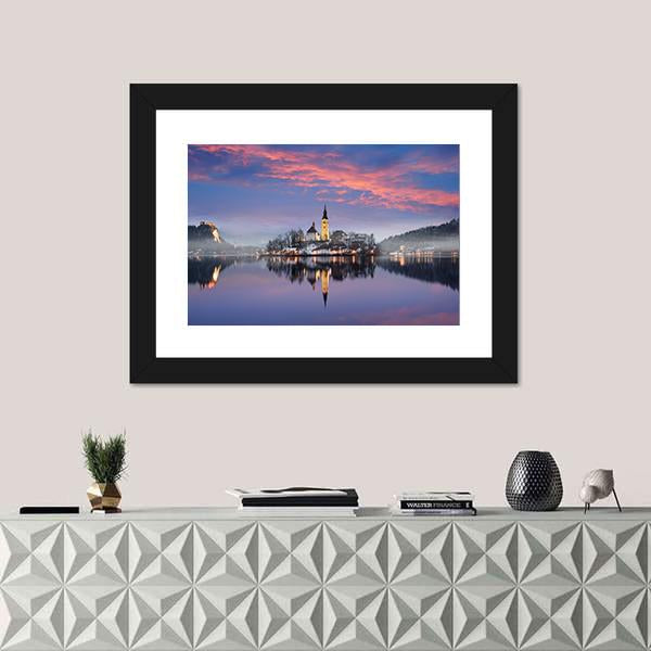 Lake Bled In Winter Canvas Wall Art-1 Piece-Framed Print-20" x 16"-Tiaracle