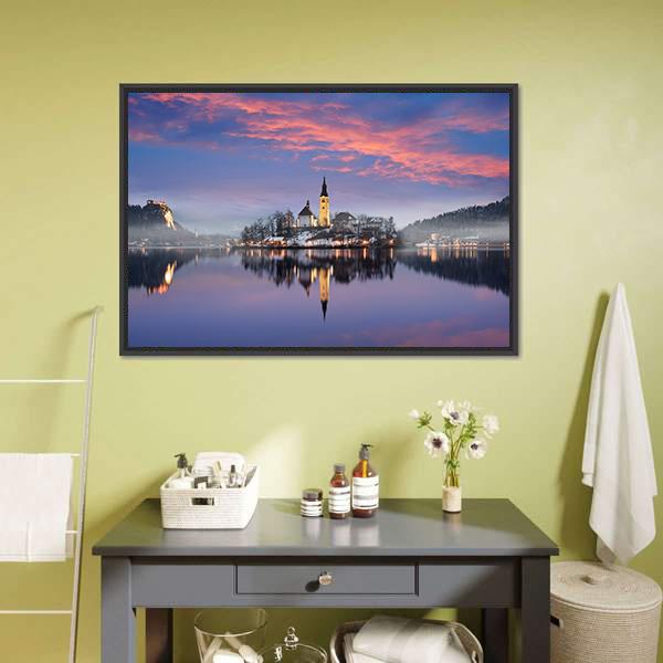 Lake Bled In Winter Canvas Wall Art-1 Piece-Floating Frame-24" x 16"-Tiaracle