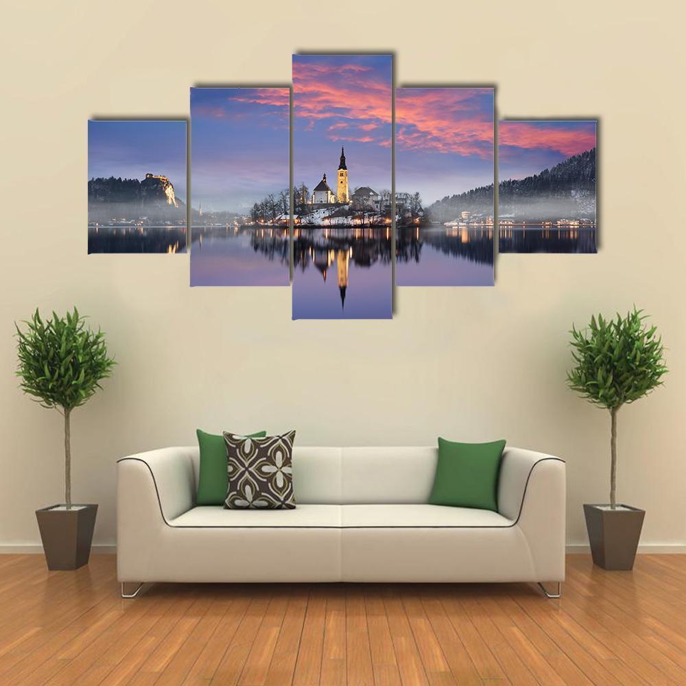 Lake Bled In Winter Canvas Wall Art-5 Star-Gallery Wrap-62" x 32"-Tiaracle