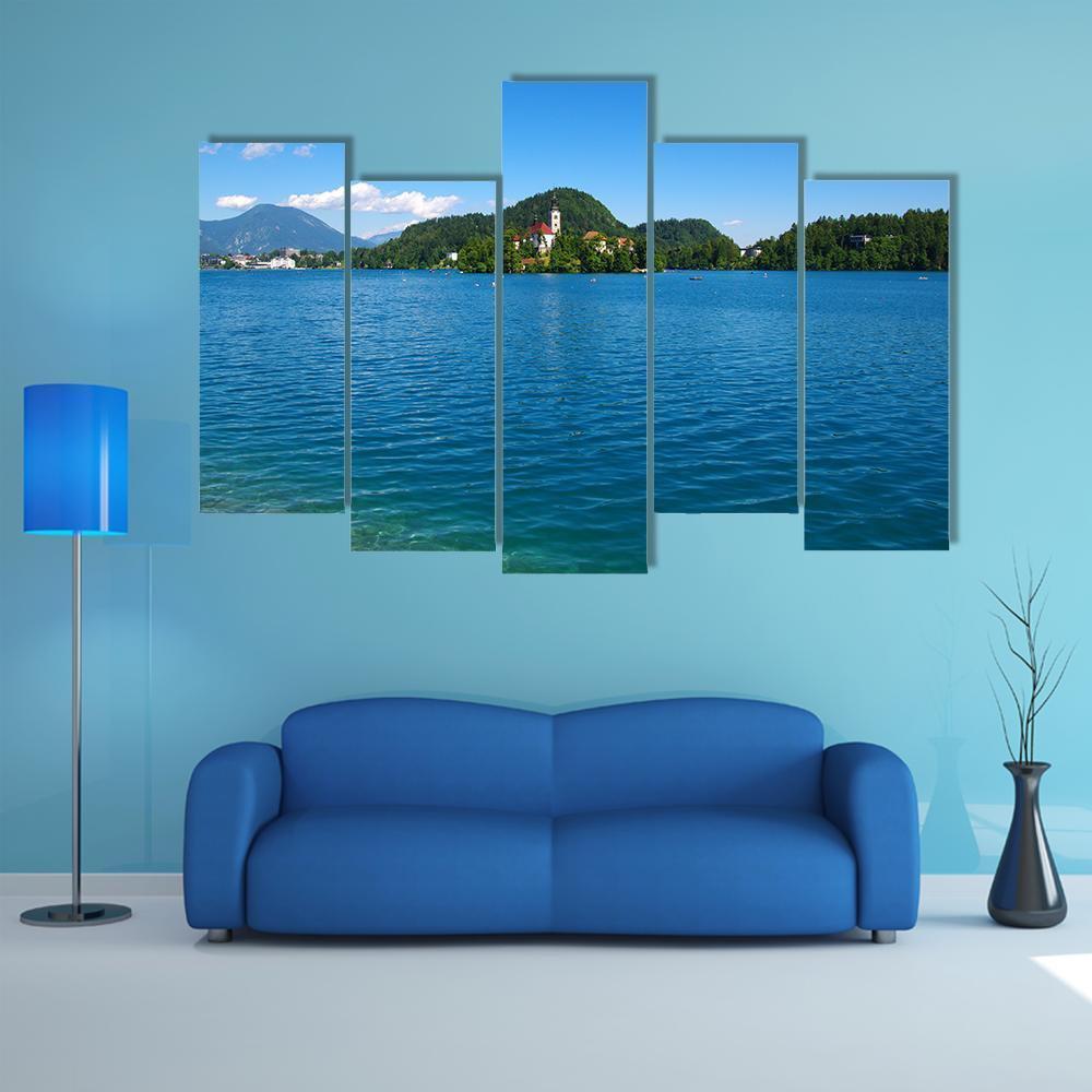 Lake Bled &amp; Mountains Canvas Wall Art-5 Pop-Gallery Wrap-47" x 32"-Tiaracle