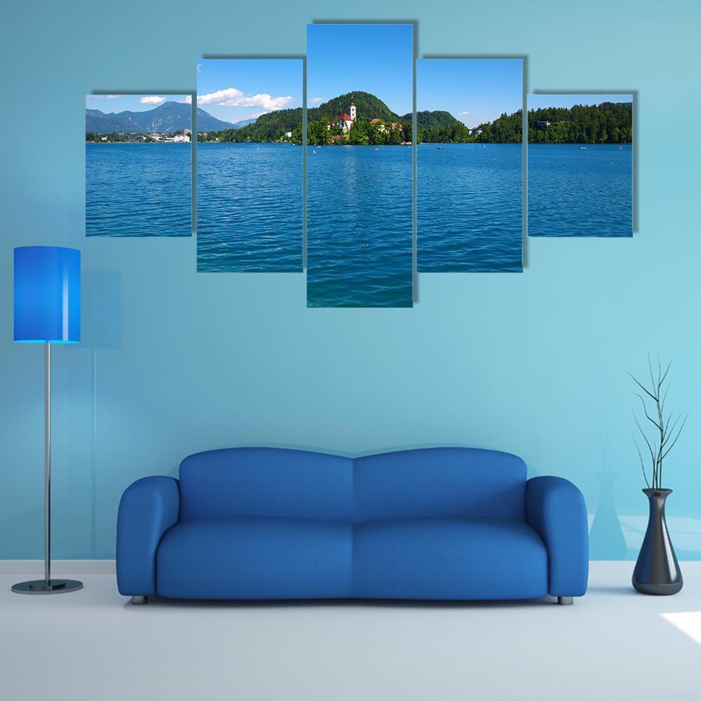 Lake Bled &amp; Mountains Canvas Wall Art-5 Star-Gallery Wrap-62" x 32"-Tiaracle