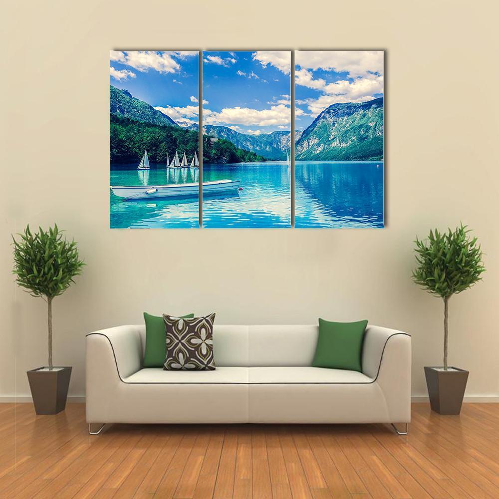 Lake Bled With Luminescent Canvas Wall Art-3 Horizontal-Gallery Wrap-37" x 24"-Tiaracle