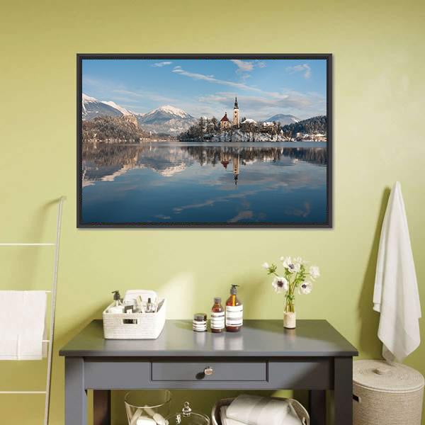Lake Bled With Small Island Canvas Wall Art-1 Piece-Floating Frame-24" x 16"-Tiaracle