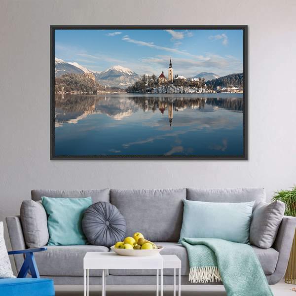 Lake Bled With Small Island Canvas Wall Art-3 Horizontal-Gallery Wrap-25" x 16"-Tiaracle