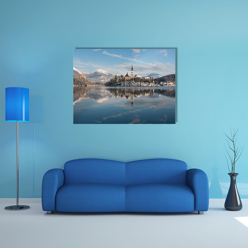 Lake Bled Island Church Canvas Wall Art in white and blue, single panel hung on a wall