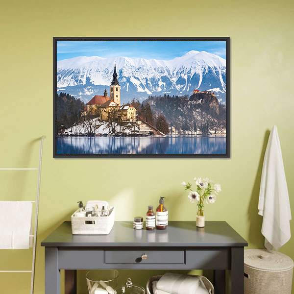 Lake Bled With St Marys Church Canvas Wall Art-1 Piece-Floating Frame-24" x 16"-Tiaracle