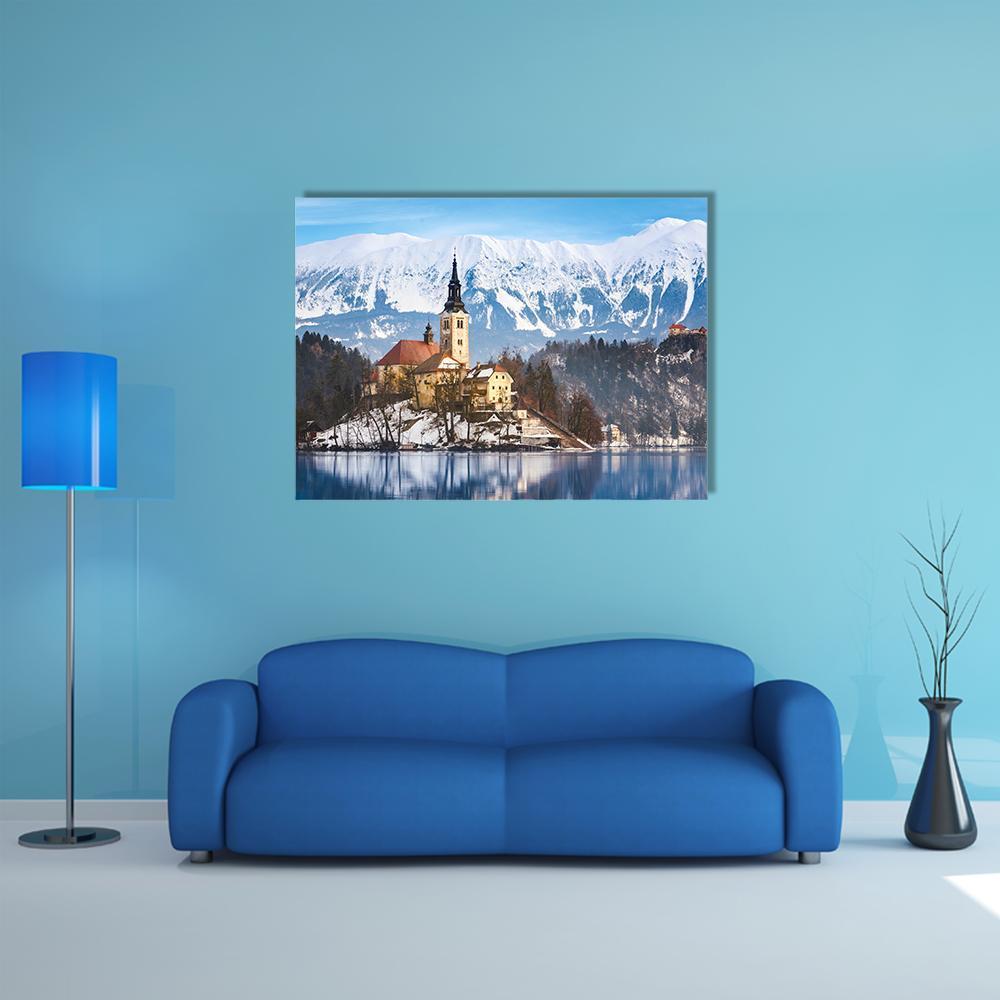 Lake Bled St Marys Church Canvas Wall Art in white and blue, single panel hung on a wall