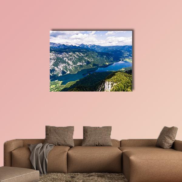 Lake Bohinj Mountain View Canvas Wall Art in white, green and blue, single panel hung on a wall