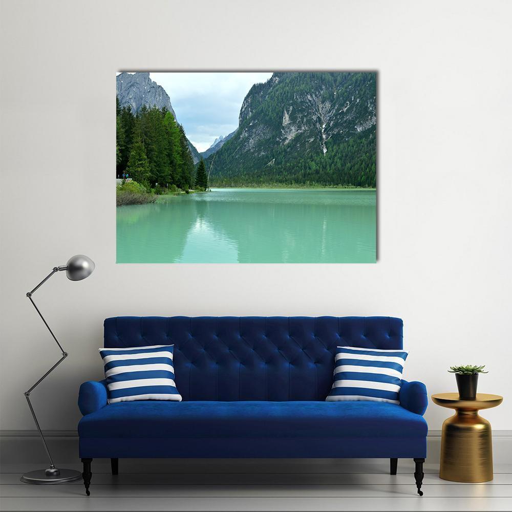 Lake Braies Landscape Canvas Wall Art in gray, green and blue, single panel hung on a wall