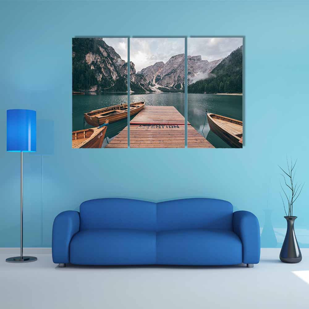 Boats On Lake Braies Canvas Wall Art-3 Horizontal-Gallery Wrap-25" x 16"-Tiaracle