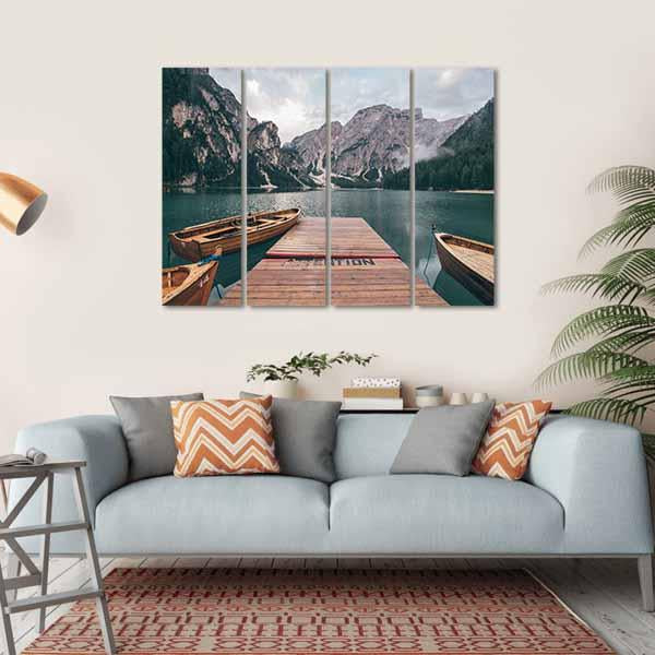 Boats On Lake Braies Canvas Wall Art-4 Horizontal-Gallery Wrap-34" x 24"-Tiaracle