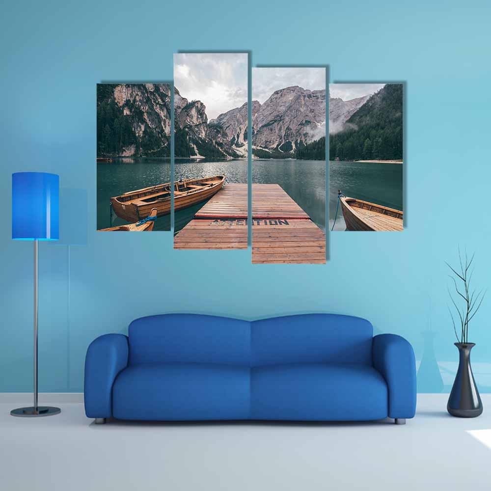 Boats On Lake Braies Canvas Wall Art-4 Pop-Gallery Wrap-34" x 20"-Tiaracle