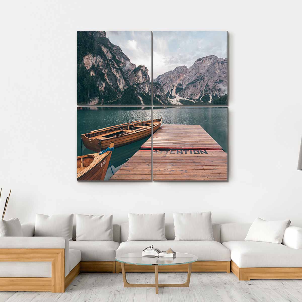 Boats On Lake Braies Canvas Wall Art-4 Square-Gallery Wrap-17" x 17"-Tiaracle
