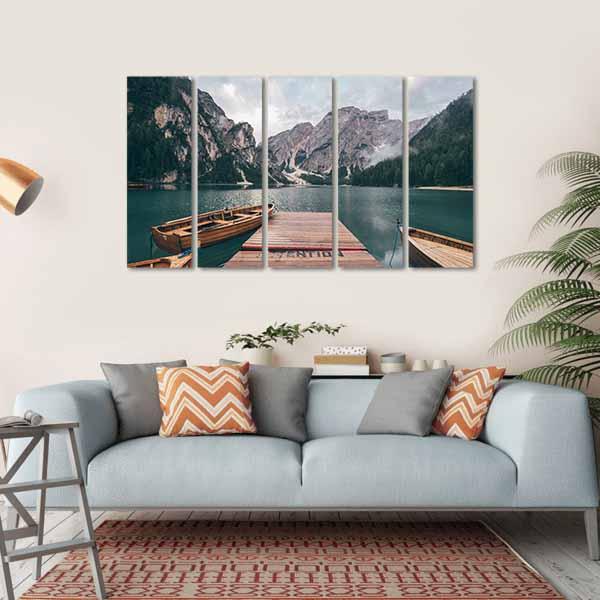 Boats On Lake Braies Canvas Wall Art-5 Horizontal-Gallery Wrap-22" x 12"-Tiaracle