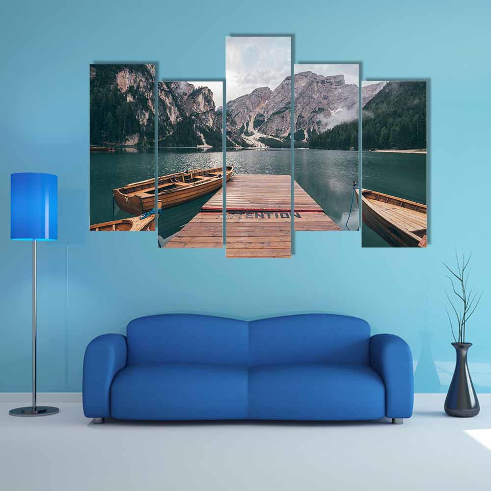 Boats On Lake Braies Canvas Wall Art-5 Pop-Gallery Wrap-32" x 21"-Tiaracle