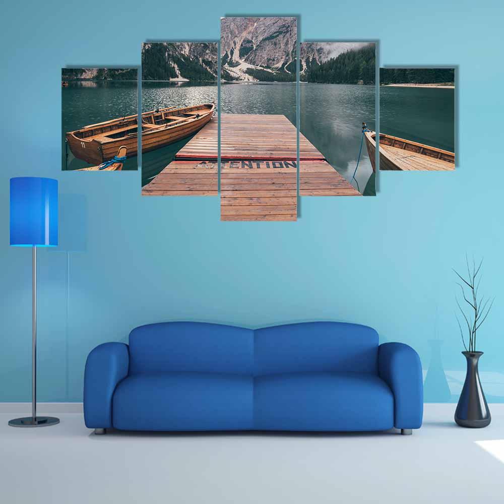 Boats On Lake Braies Canvas Wall Art-5 Star-Gallery Wrap-42" x 21"-Tiaracle