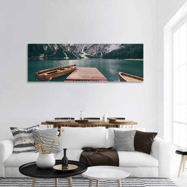 Boats On Lake Braies Panoramic Canvas Wall Art-3 Piece-25" x 08"-Tiaracle