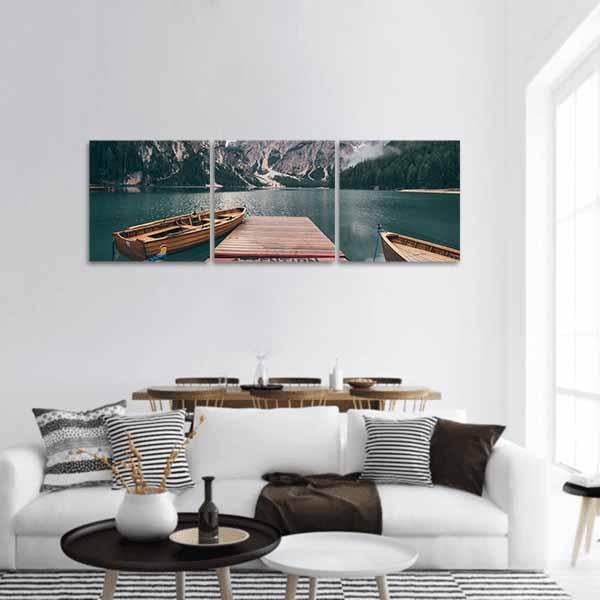 Boats On Lake Braies Panoramic Canvas Wall Art-3 Piece-25" x 08"-Tiaracle
