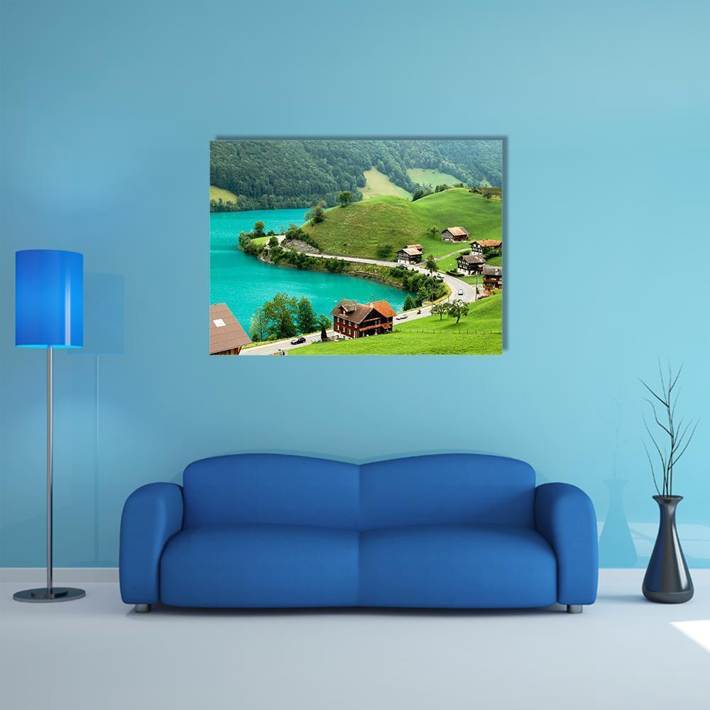 Lake Brienz in Spring Canvas Wall Art in green and blue, single panel hung on a wall