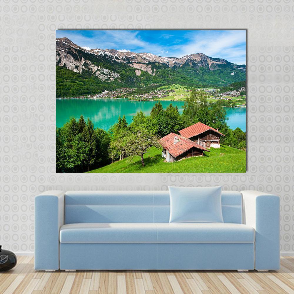 Lake Brienz Switzerland Canvas Wall Art in green and blue, single panel hung on a wall