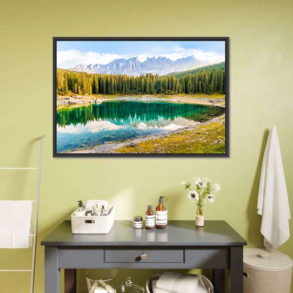 Lake Carezza Canvas Wall Art-1 Piece-Floating Frame-24" x 16"-Tiaracle