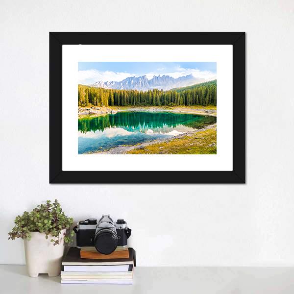 Lake Carezza Canvas Wall Art-1 Piece-Framed Print-20" x 16"-Tiaracle